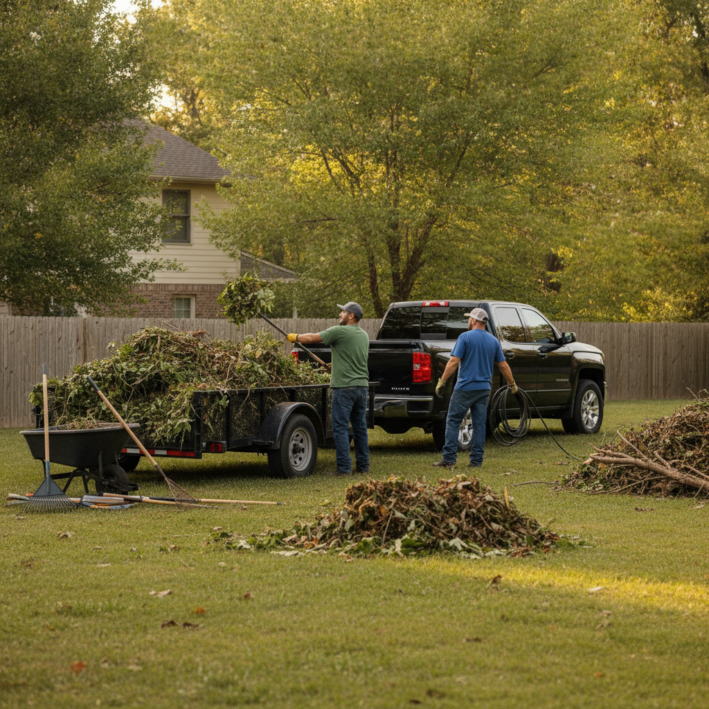 Create a realistic, professional service-business photograph showing Yard Waste Removal from behind, with the backs of their heads visible. Do not show any faces, facial features, front-facing views or side views, profiles, or identifiable 